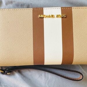 Michael Kors Beige and Brown Wristlet with White Stripe